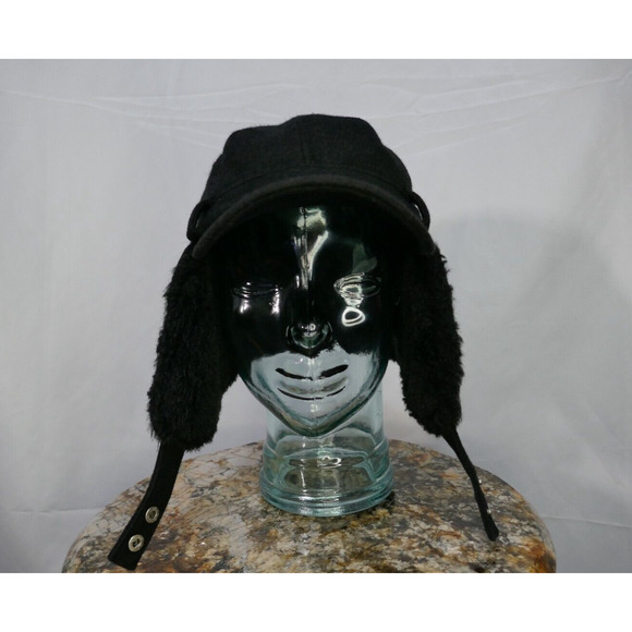 Calvin Klein Black Trapper Trooper Hat Chin Strap Ear Flaps Faux Fur One Size - Picture 2 of 16